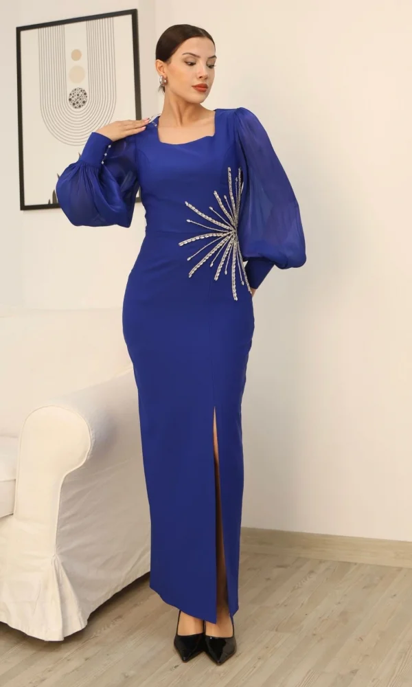 Taş Süslemeli Kare Yaka Balon Kol Yırtmaçlı Abiye Elbise 2345-Saks