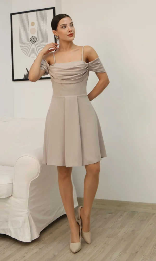 Drape Detaylı Askılı Midi Elbise 2380-Bej
