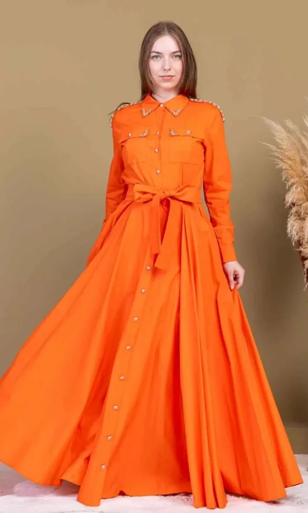 Bağlama Detaylı Boncuk İşlemeli Poplin Elbise 2723-Oranj