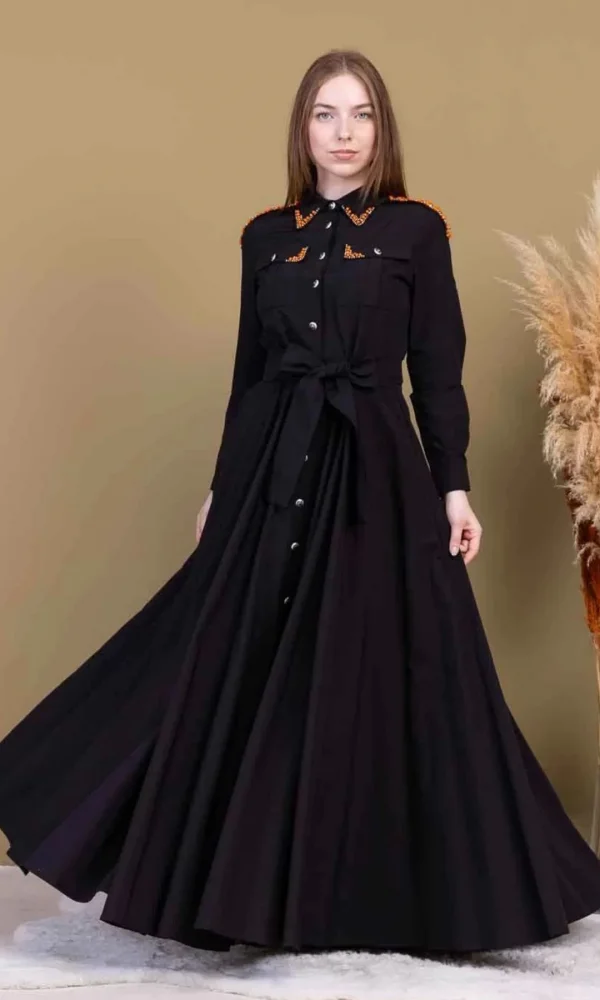 Bağlama Detaylı Boncuk İşlemeli Poplin Elbise 2723-Siyah