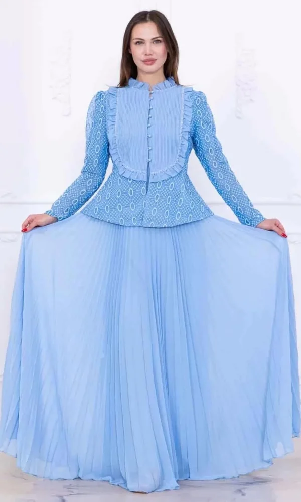 Dantelli Ceket ve Piliseli Elbiseli Şifon Abiye 2729-Bebe Mavisi