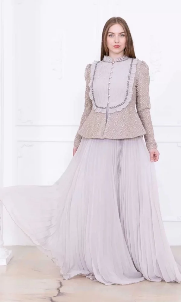 Dantelli Ceket ve Piliseli Elbiseli Şifon Abiye 2729-Bej