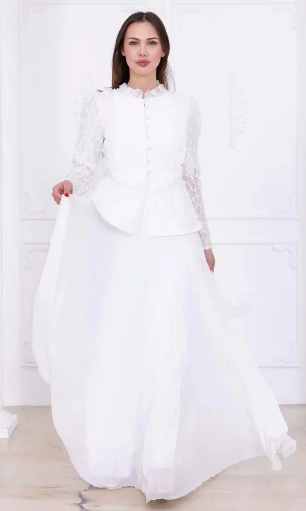 Dantelli Ceket ve Piliseli Elbiseli Şifon Abiye 2729-Beyaz
