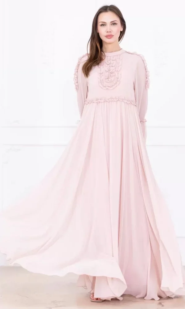 Fırfır Detaylı Boncuk İşlemeli Şifon Abiye 2730-Pudra