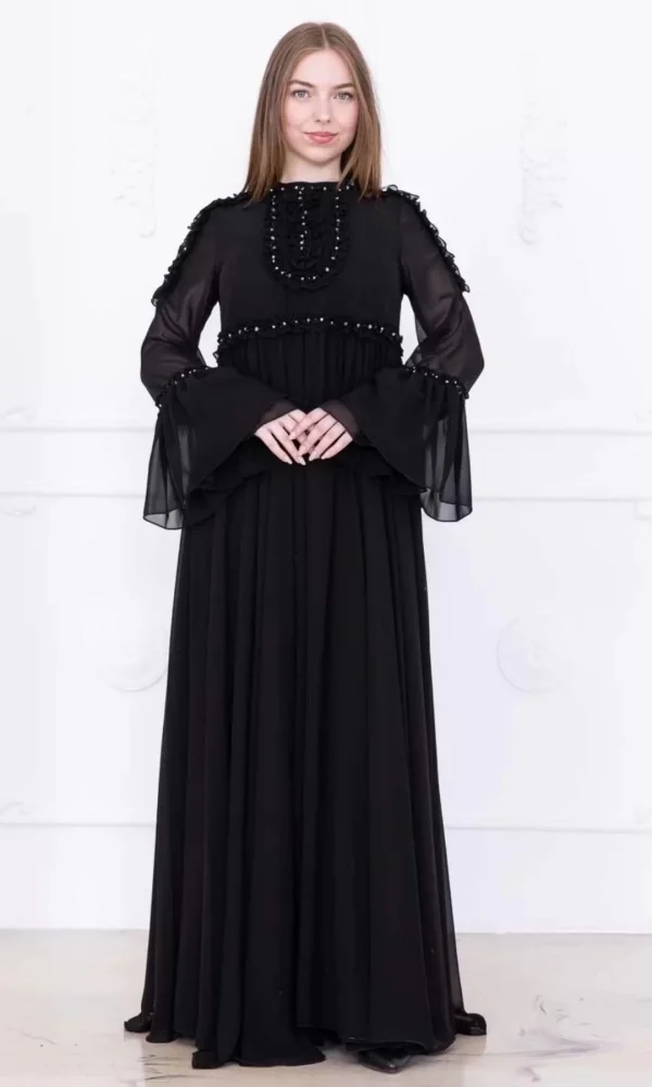 Fırfır Detaylı Boncuk İşlemeli Şifon Abiye 2730-Siyah