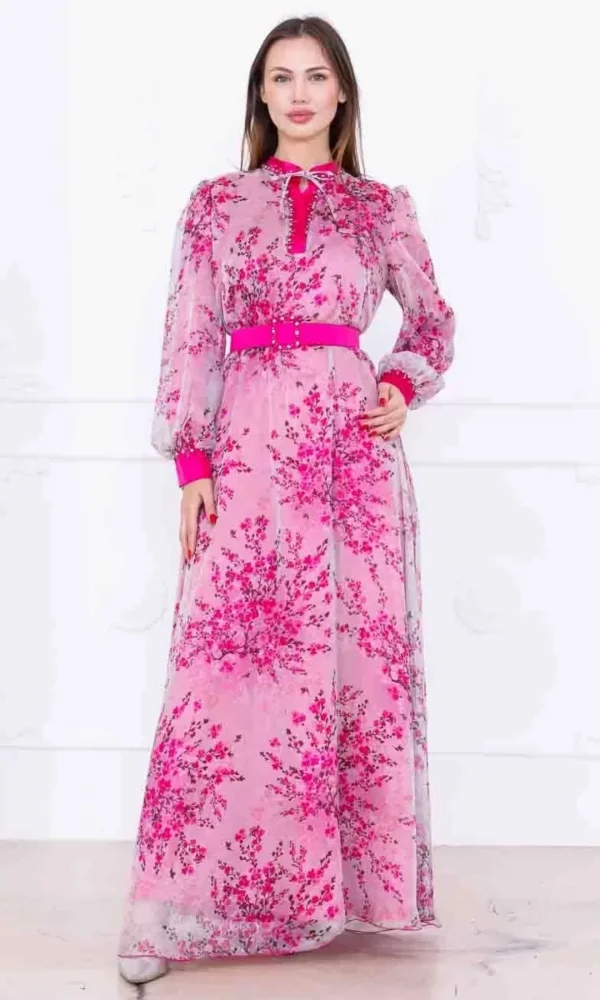 Yaka Bağlama Detaylı Boncuk İşlemeli Şifon Elbise 2735-Fuşya