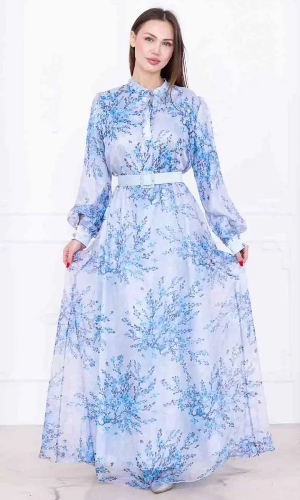 Yaka Bağlama Detaylı Boncuk İşlemeli Şifon Elbise 2735-Mavi