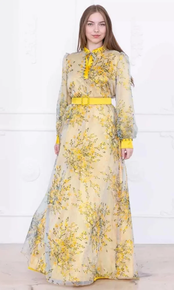 Yaka Bağlama Detaylı Boncuk İşlemeli Şifon Elbise 2735-Sarı