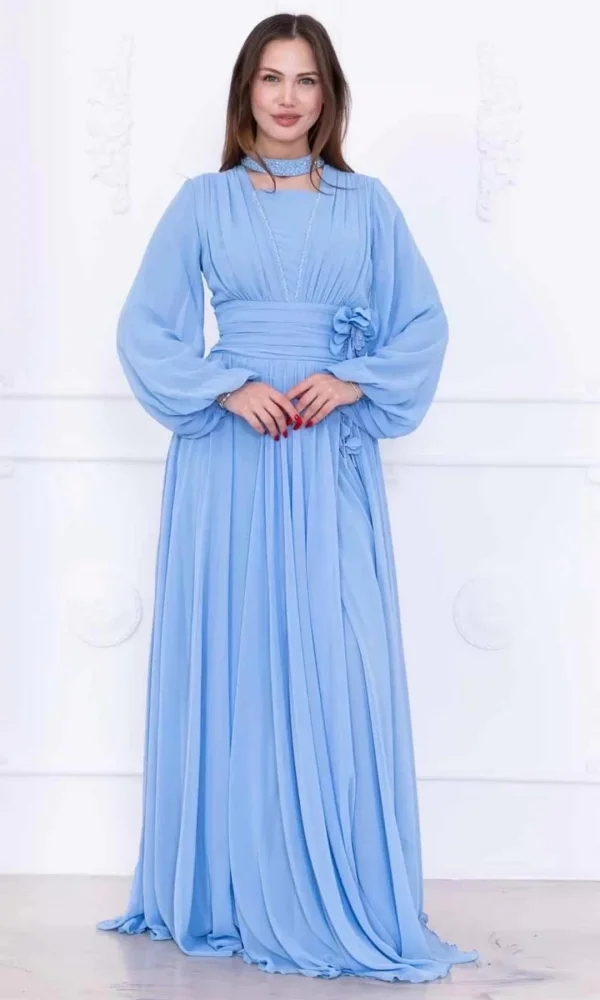 Yaka ve Çiçek Detaylı Abiye Elbise 2740-Bebe Mavisi