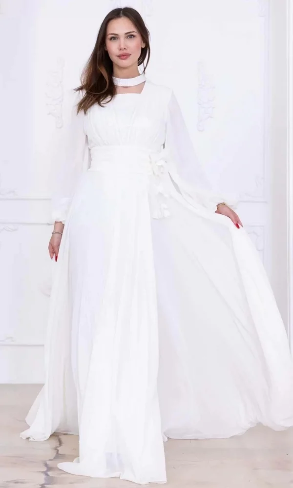 Yaka ve Çiçek Detaylı Abiye Elbise 2740-Beyaz