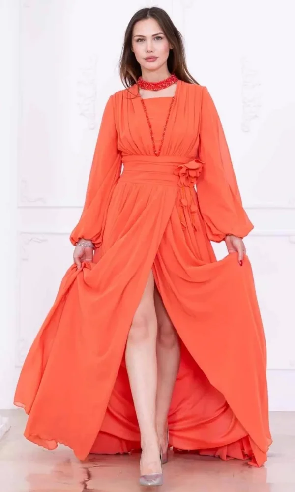 Yaka ve Çiçek Detaylı Abiye Elbise 2740-Oranj