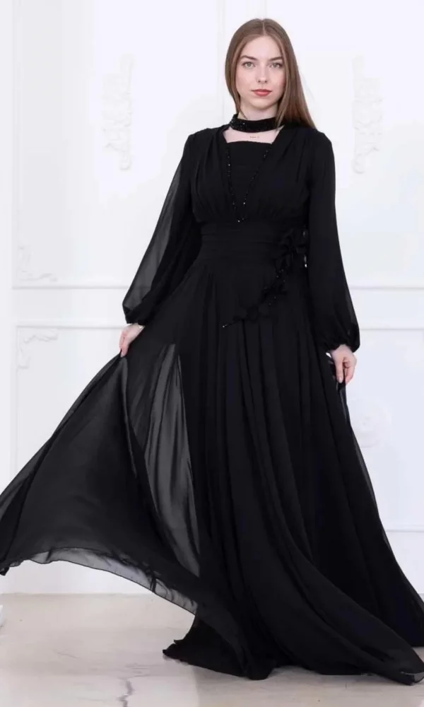 Yaka ve Çiçek Detaylı Abiye Elbise 2740-Siyah