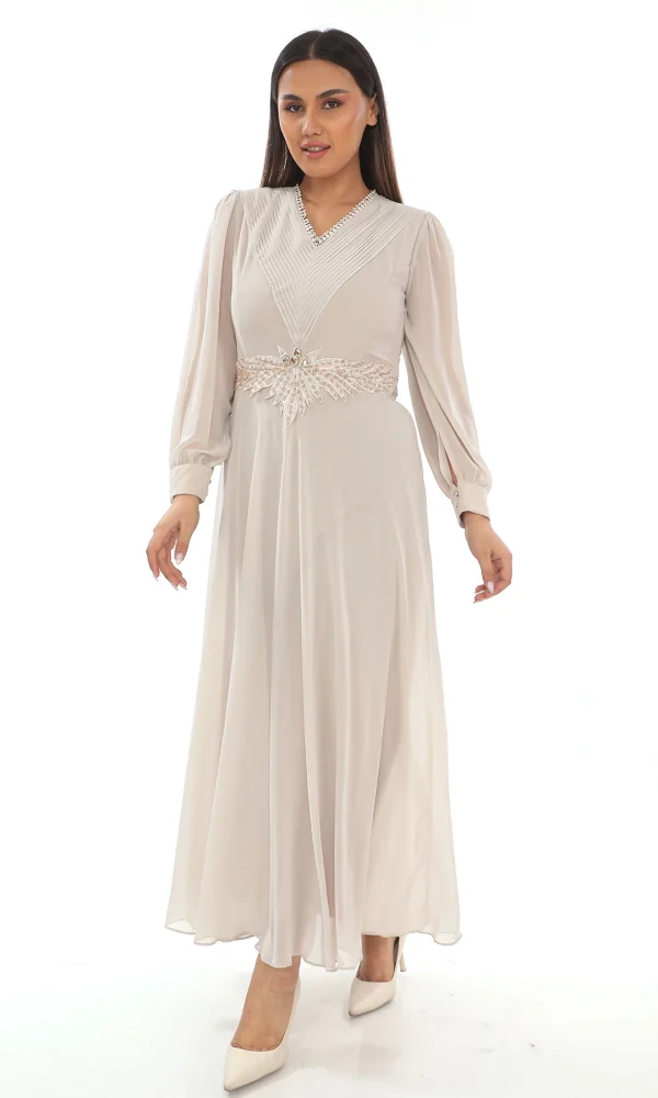 Plise Ve Boncuk Detaylı Büyük Beden Elbise 2213- Bej