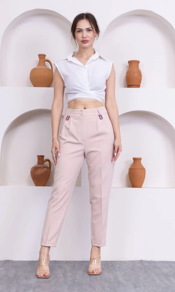 Pile Detaylı Duble Paça Kadın Kumaş Pantolon 324-Bej