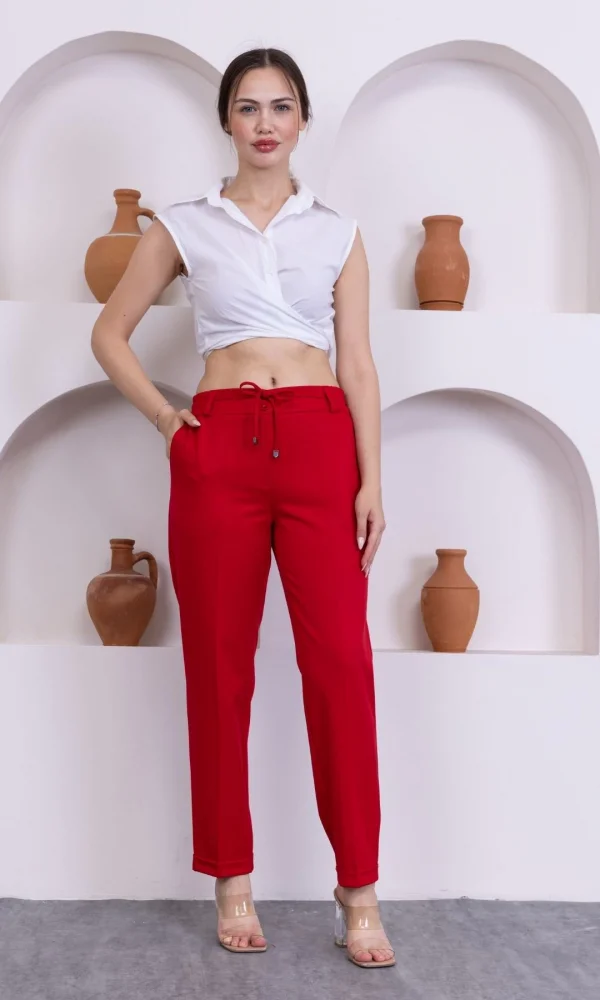 Bağlama Detaylı Beli Lastikli Kadın Kumaş Pantolon 326-Kırmızı
