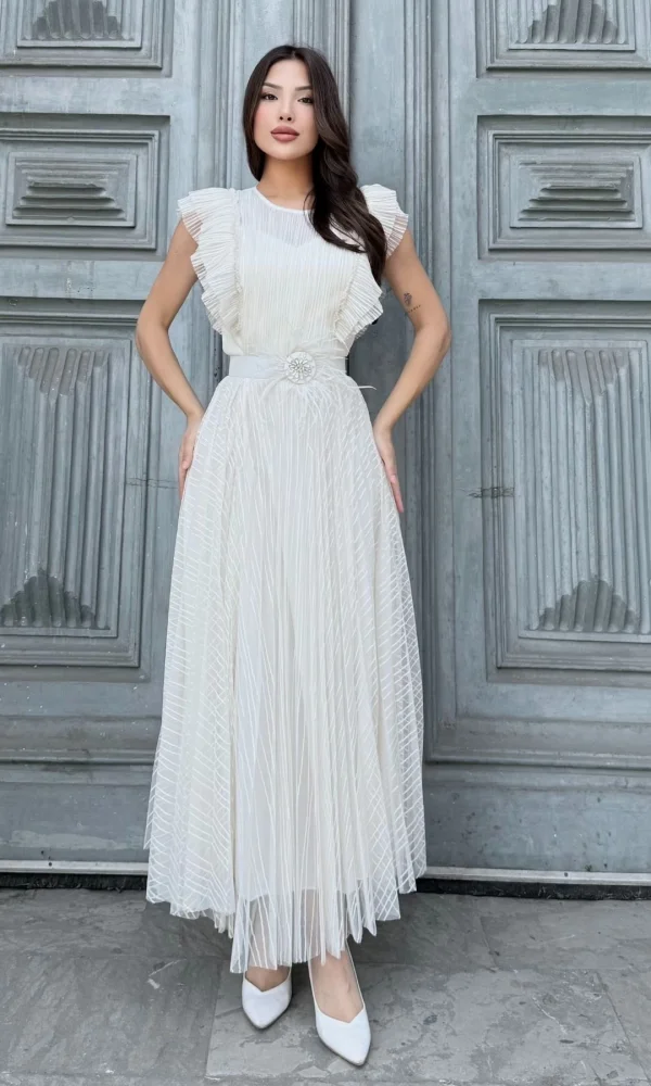 Straplez Yaka Omuz Fırfır Detaylı Kemerli Abiye Elbise 2282-Beyaz