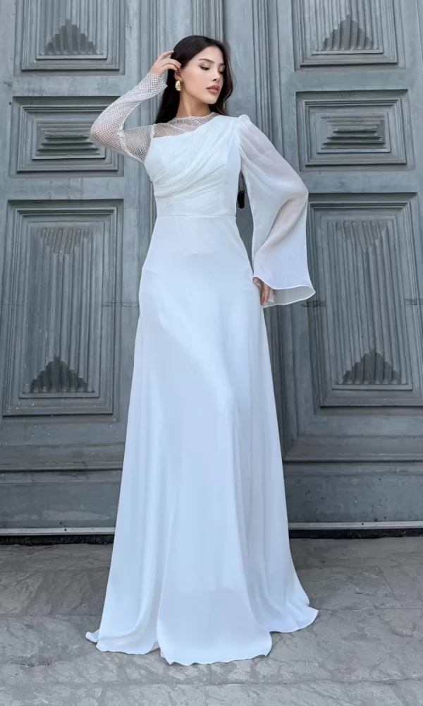 File Detaylı Abiye Elbise 2337-Beyaz