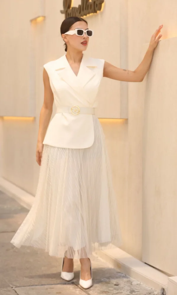 Eteği Piliseli Kemerli Abiye Elbise 2390-Beyaz