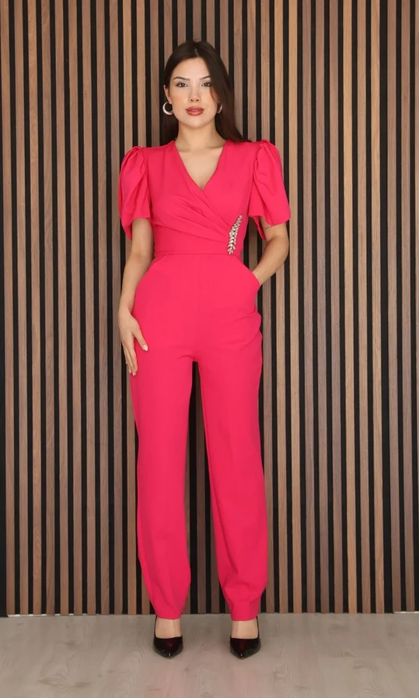 Pile ve Taş Detaylı V Yaka Tulum 2190-Fuşya