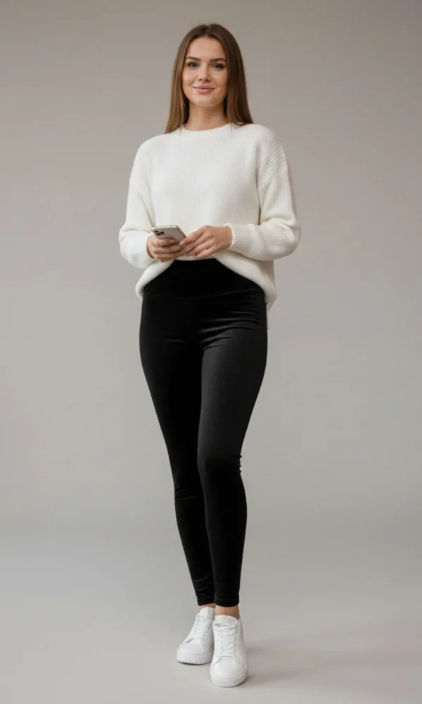 Yüksek Bel Toparlayıcı Düz Kadife Tayt R001-Siyah