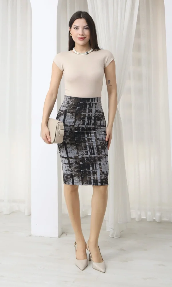 Flok Baskılı Desenli Midi Kalem Etek 6074-Çok Renkli