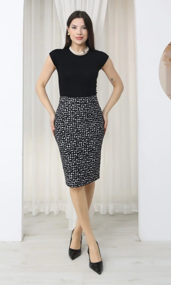 Flok Baskılı Kazayağı Desenli Midi Kalem Etek 6074-Siyah/Beyaz Kazayağı