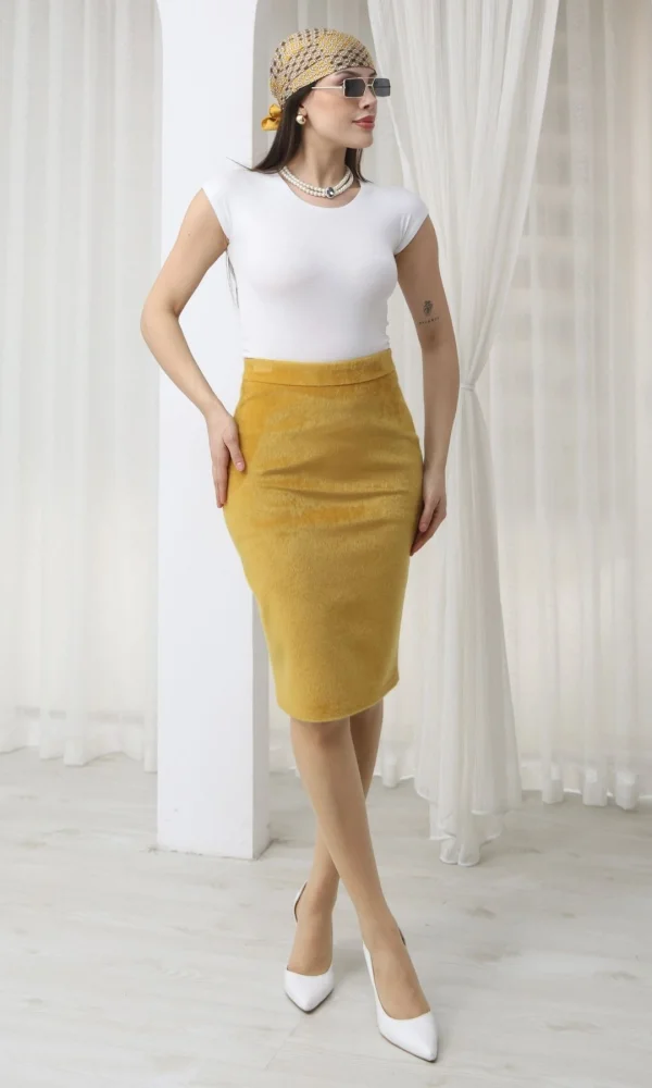 Premium Fok Kumaş Midi Kalem Etek 6078-Sarı