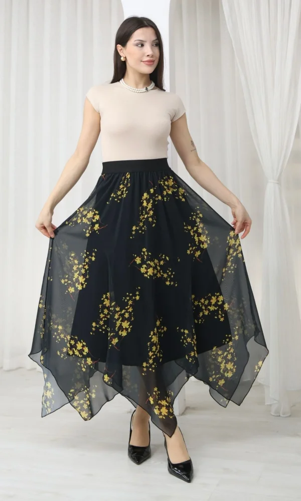 Beli Lastikli Asimetrik Şifon Etek 6071-Siyah / Sarı