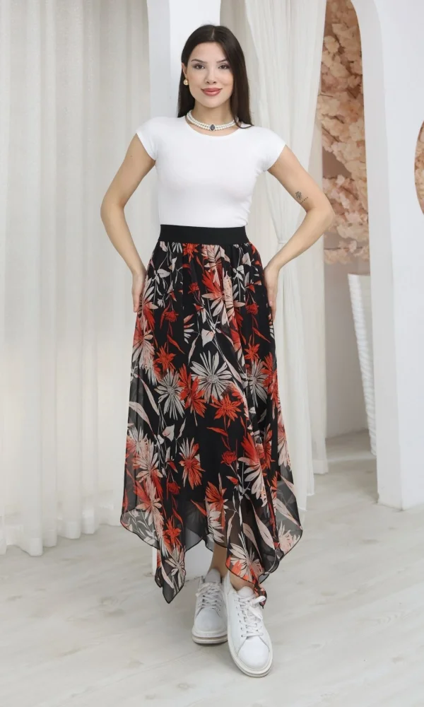 Beli Lastikli Asimetrik Şifon Etek 6071-Siyah / Kiremit