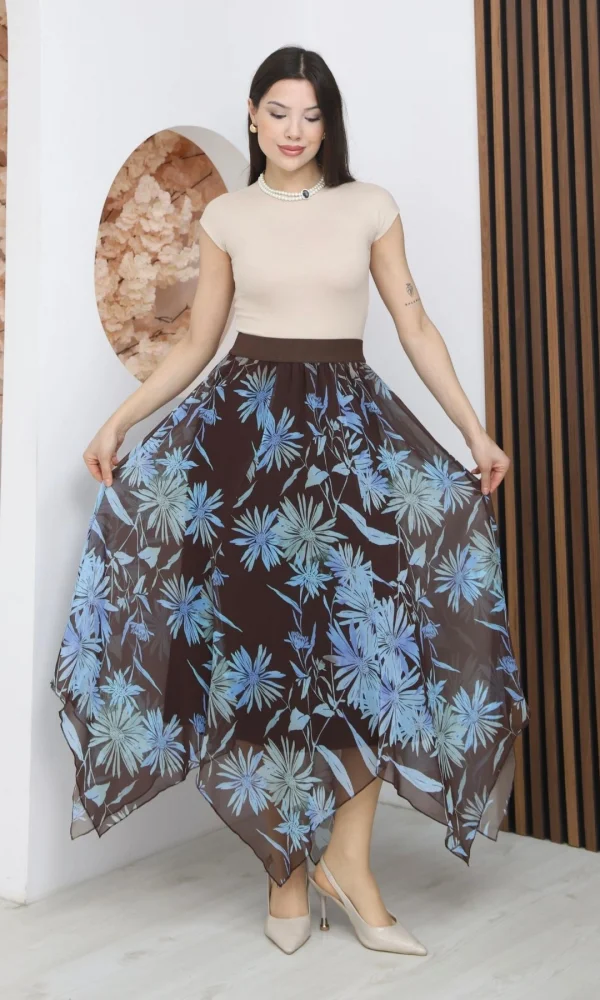 Beli Lastikli Asimetrik Şifon Etek 6071-Kahverengi/ Mavi