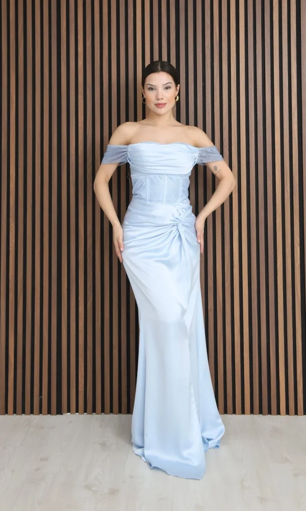 Straplez Yaka File ve Bel Detaylı Saten Abiye Elbise 2368-Bebe Mavisi