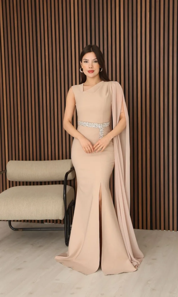 Taş Detaylı Pelerin Kol Balık Abiye Elbise 2366-Camel