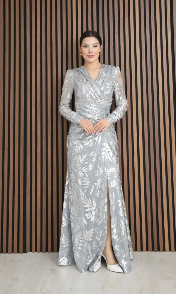 Kruvaze Yaka Bel Pileli Yırtmaçlı Abiye Elbise