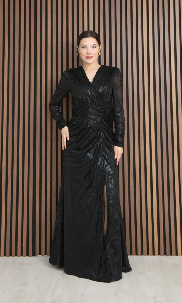 Kruvaze Yaka Bel Pileli Yırtmaçlı Abiye Elbise