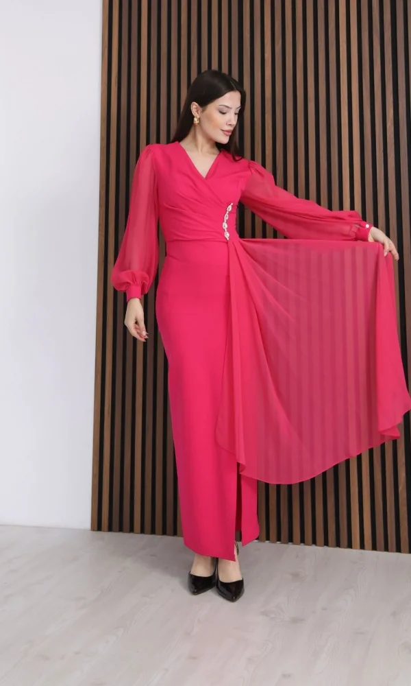 Kruvaze Yaka Şifon Kollu Bel Detaylı Pileli Uzun Abiye Elbise  ÖLÇÜ BAK