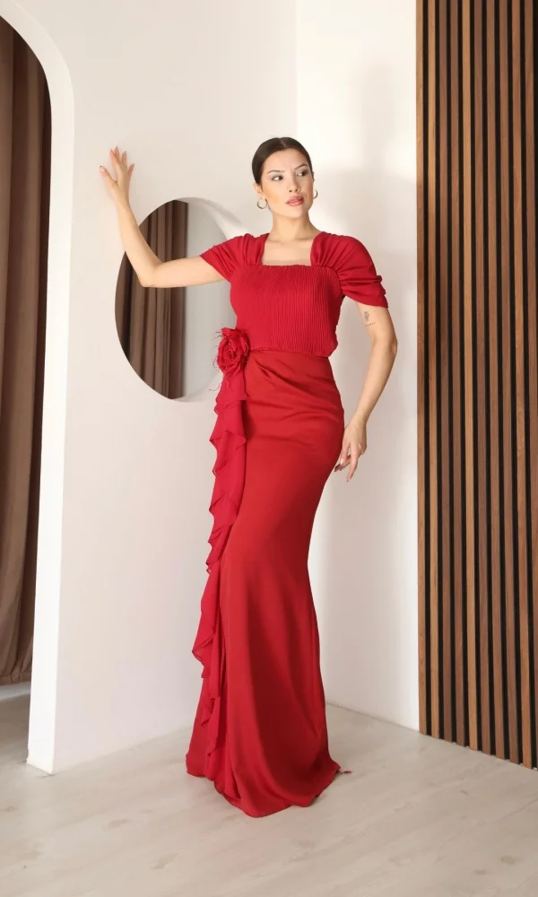 Piliseli ve Şifon Detaylı Uzun Abiye Elbise 2391-Kırmızı