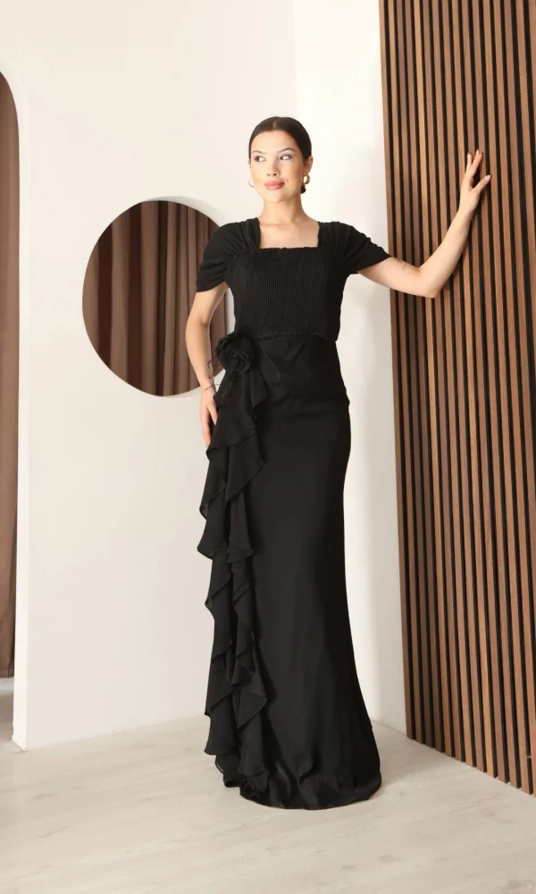 Piliseli ve Şifon Detaylı Uzun Abiye Elbise 2391-Siyah