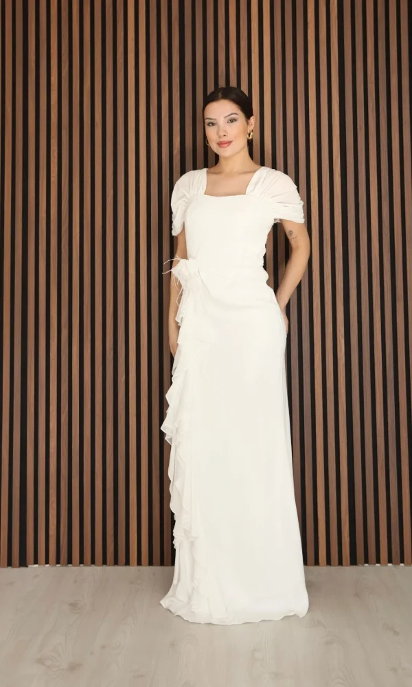 Piliseli ve Şifon Detaylı Uzun Abiye Elbise 2391-Beyaz