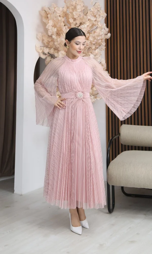 Pilise Detaylı Kemerli Rahat Form Tül Elbise