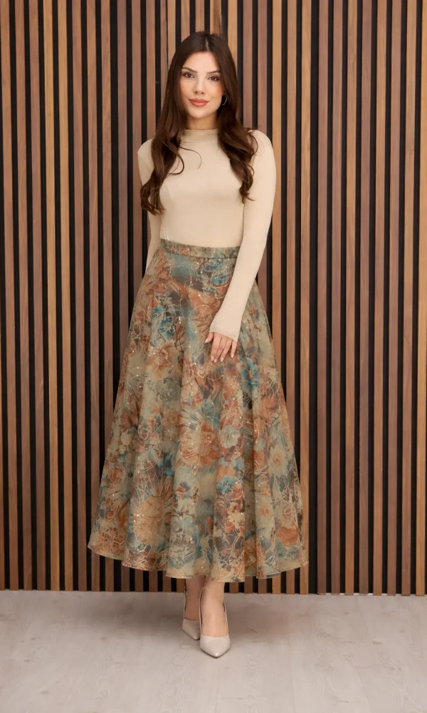 Baskılı ve Payetli Kadife Uzun Kloş Etek 6079-Taba/Çok Renkli