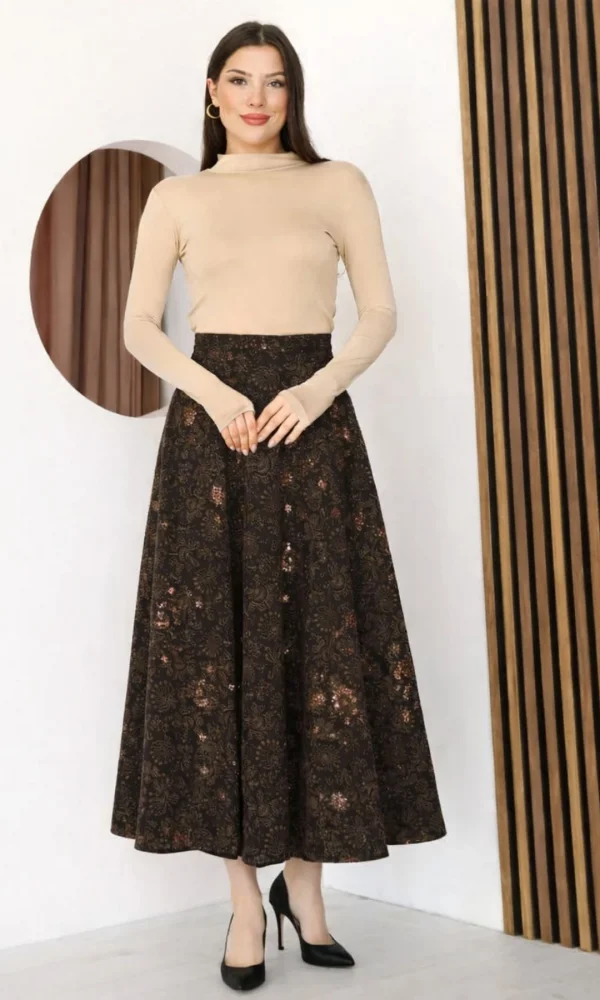Baskılı ve Payetli Kadife Uzun Kloş Etek 6079-Kahve/Camel