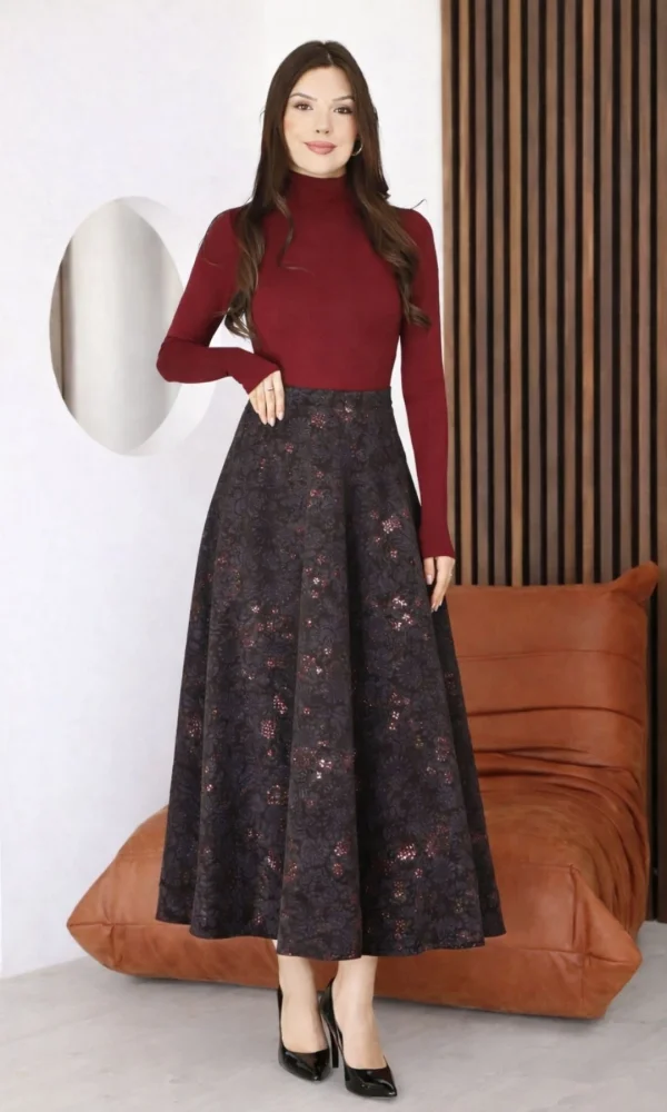 Baskılı ve Payetli Kadife Uzun Kloş Etek 6079-Kahve/İndigo