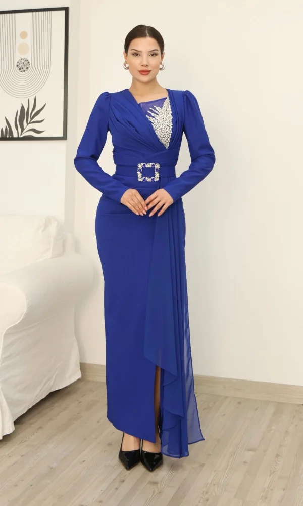 Taş İşlemeli ve Pile Detaylı Pelerinli Abiye Elbise 2312-Saks