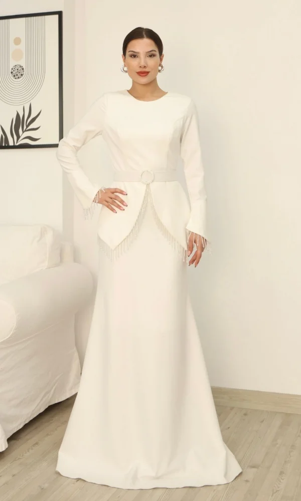 Boncuk Detaylı Kemerli Abiye Elbise 2302-Beyaz