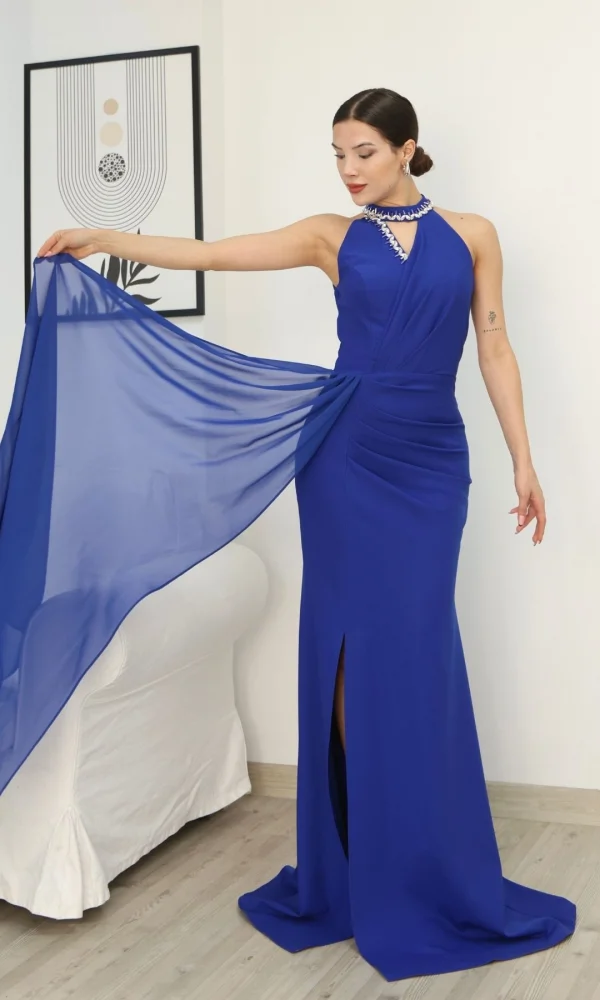 Taş Detaylı Pileli Abiye Elbise 2341-Saks