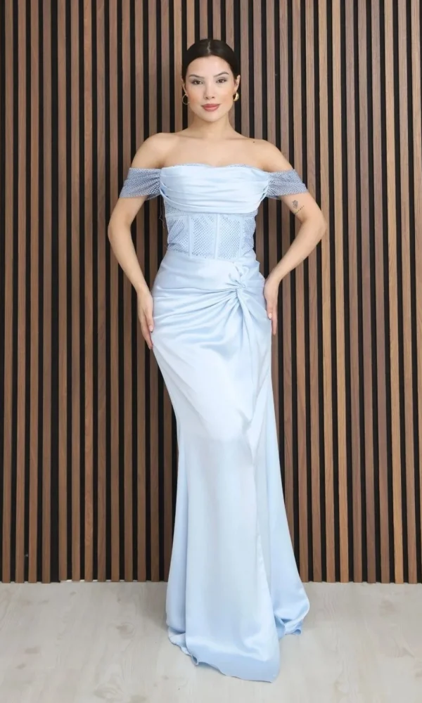 Straplez Yaka File ve Bel Detaylı Saten Abiye Elbise 2368-Bebe Mavisi