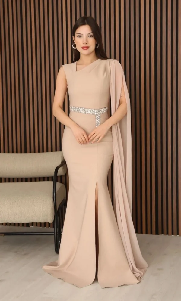 Taş Detaylı Pelerin Kol Balık Abiye Elbise 2366-Camel