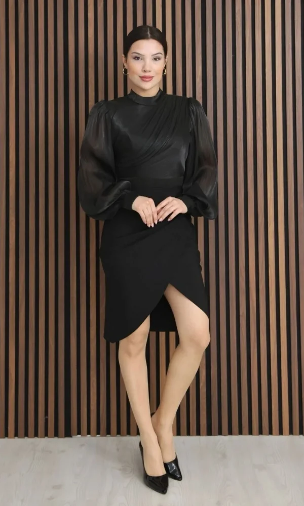 Göğüs Büzgülü Balon Kol Pileli Mini Elbise 2289-Siyah