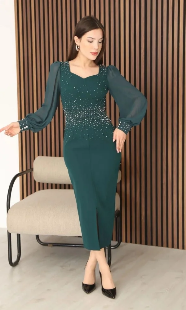 İnci ve Taş Süslemeli Balon Kol Kalem Midi Elbise 2096-Yeşil