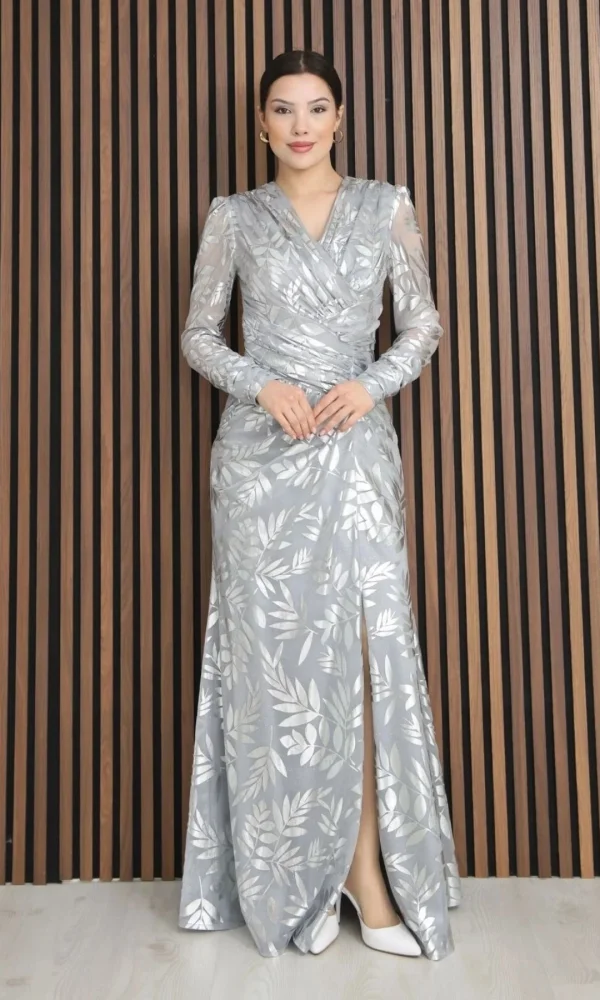 Kruvaze Yaka Bel Pileli Yırtmaçlı Abiye Elbise 2330-Gri